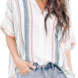 Oversize  White Button Down Work Blouse White Stripe Boho Academia